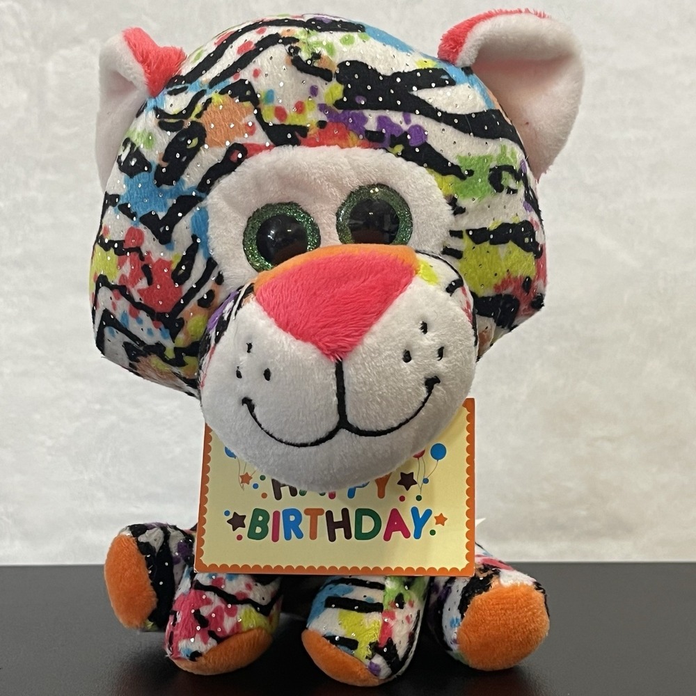 HugFun Happy Birthday Tiger Plush Stuffed Animal Multicolor Zebra Sparkle Eyes